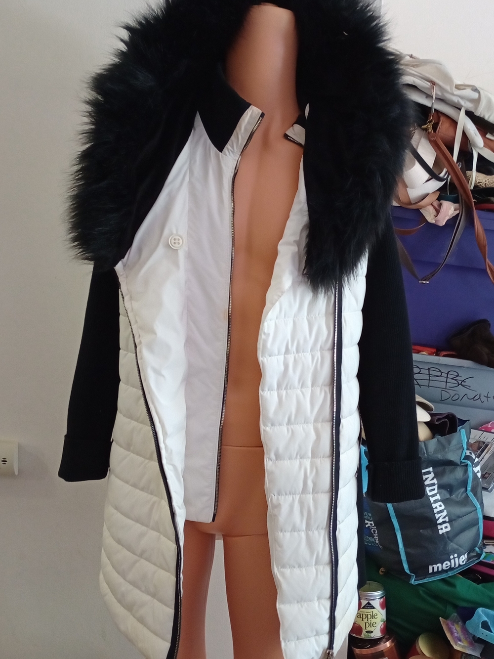 Calvin Klein White Quilted Puffer Coat with Black Faux-Fur Collar